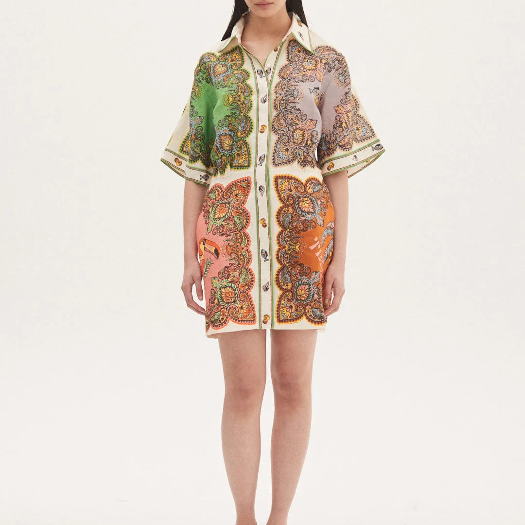 

Basic Casual Dresses Positioning printed women's linen mini shirt dress 2023 turn down collar short sleeve 230526, Beige