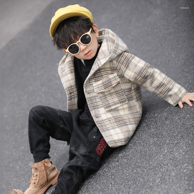 

Jackets 2023 Baby Boys Plaid Woolen Hoodies Coats Autumn Winter Cotton Padded Thick Warm Overcoats Kids Children Clothes, Deep gray