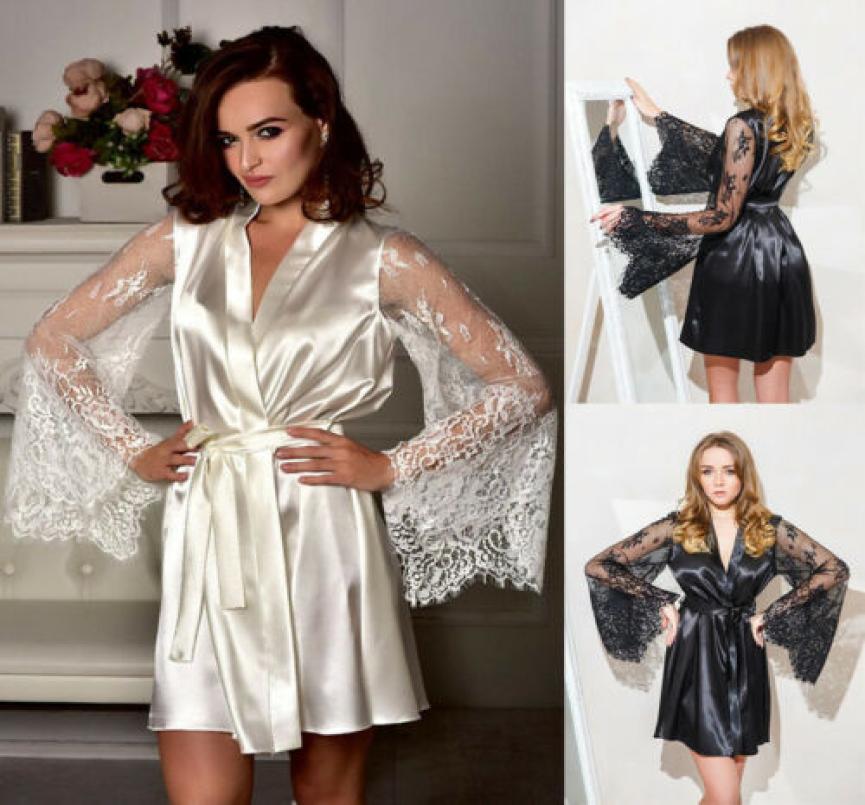 

Women robe Silk Satin Robes Bridal Wedding Bridesmaid Bride Gown kimono Robe 2019 New Selling High Quality8683445, Black