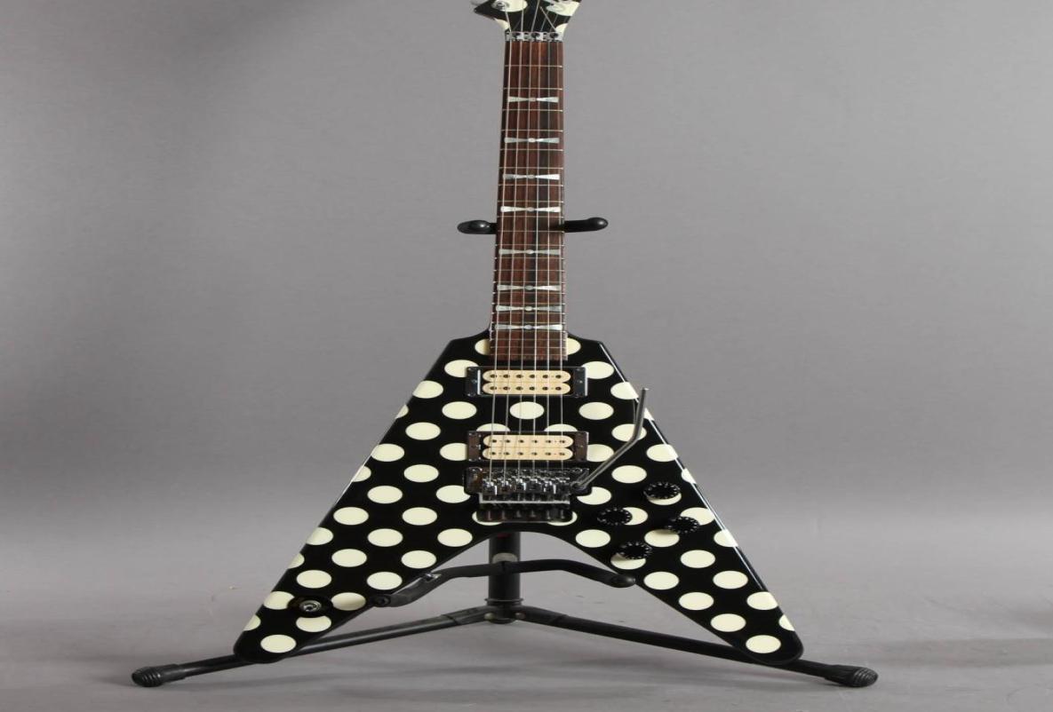 

Rare Jack Randy Rhoads Polka Dot Black Flying V Electric Guitar MOP Bowtie Inlays Floyd Rose Tremolo Bridge Locking Nut Whammy4896583