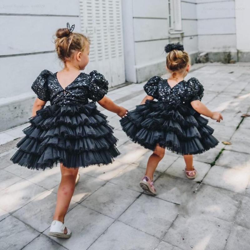 

Girl Dresses Handmade Baby Girls Puffy Skirt V Neck Infant Birthday Party Dress Christmas Year Gift, Black