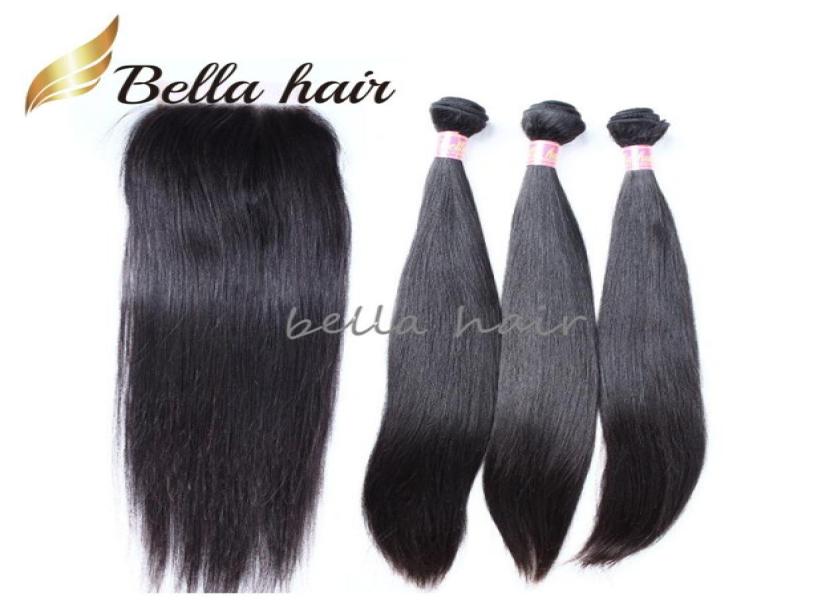 

4PCS Virgin Human Hair Weft With Closure 4x4 Natural Color Straight Peruvian Bundles Weaves Full Head 8A8080896