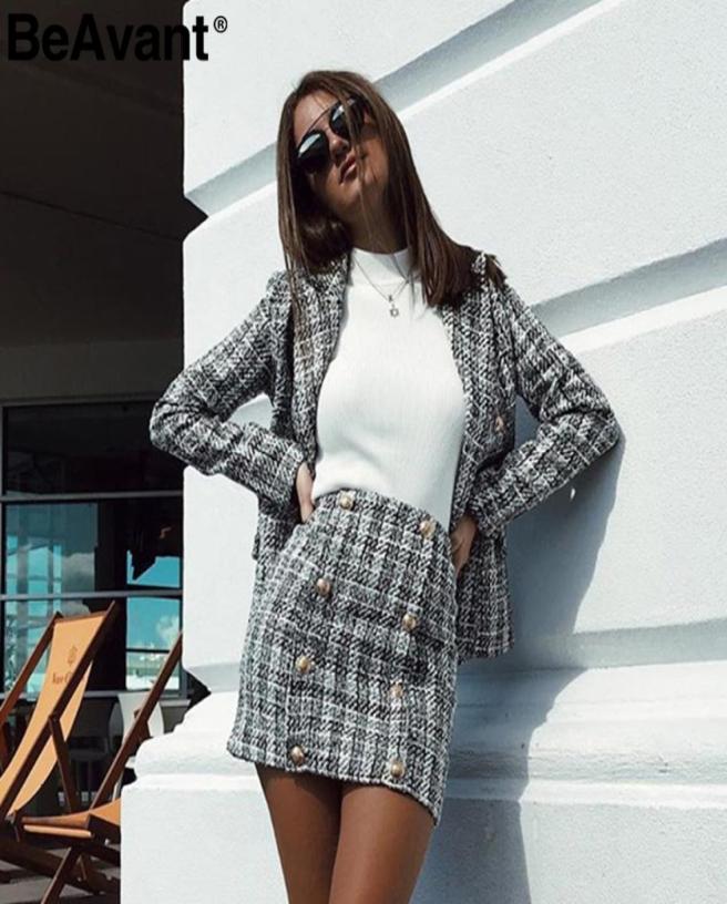 

BeAvant Twopiece set plaid tweed women suit Casual streetwear blazer suits female blazer sets Office ladies blazer tops 2019 CJ194373103, Clear