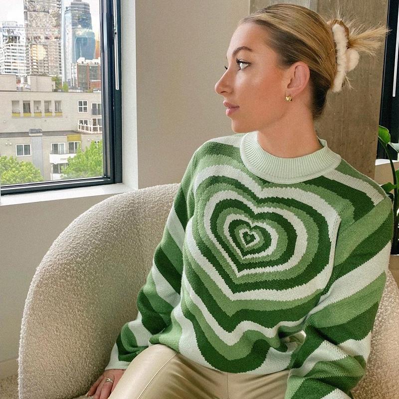 

Women' Sweaters Vintage Fashion Y2K Heart Knitted Sweater Female Autumn Winter Pullovers Korean Style 2000s Aesthetic TopsWomen, Green