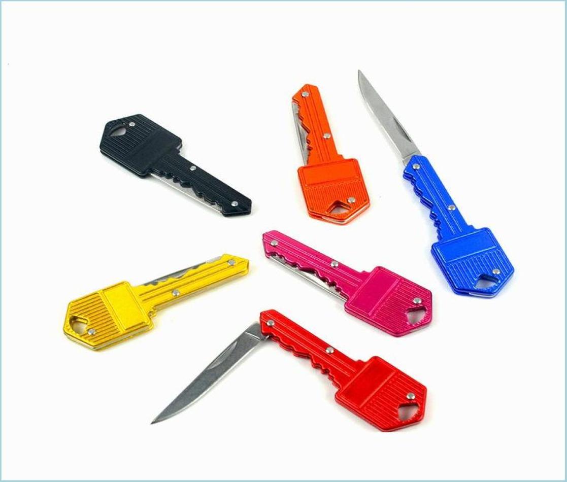 

Keychains Mini Key Shape Folding Knife Keychain Portable Outdoor Sabre Pocket Fruit Mtifunctional Cam Tool Gear Drop Del Keychains8212490