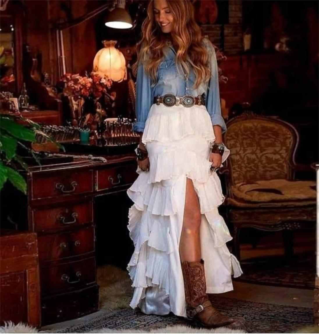 

New Arrival White Ruffles Tiered Long Skirts With High Side Split Sexy Skirt Zipper Custom Made Female Skirt 2103157985266, Brown