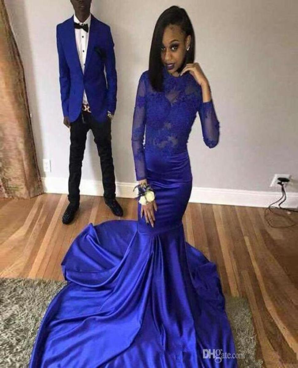 

2019 African Royal Blue Mermaid Prom Dresses Formal Party Dress Long Sleeves Evening Gown Illusion Back Sweep Train Prom Gowns2285946, Daffodil
