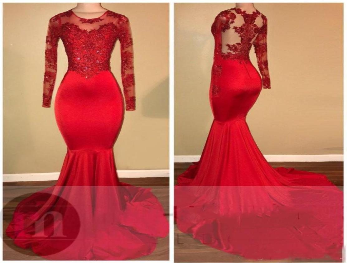 

2019 Vintage Sheer Long Sleeves Red Prom Dresses Mermaid Appliqued Sequined African Black Girls Evening Gowns Red Carpet Dress3751594