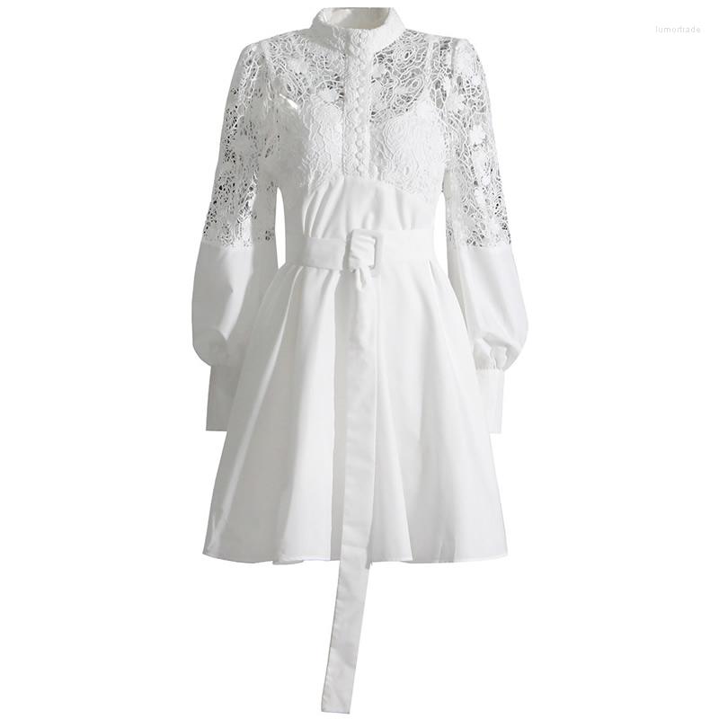 

Casual Dresses Lace Embroidery Women Patchwork Dress Long Sleeve A-Line With Belt 42311, Black