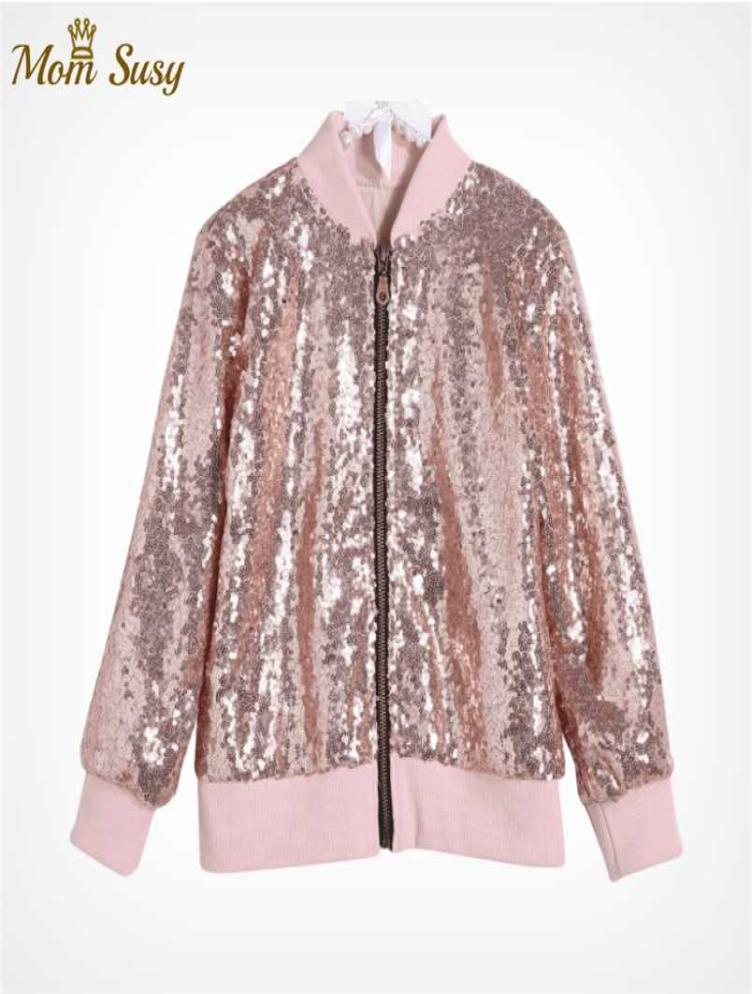

Girls Sequins Jacket Spring Autumn Cotton Outerwear Kids Long Sleeve Coat Children Solid Shiny Clothes 2110118320344, Gold