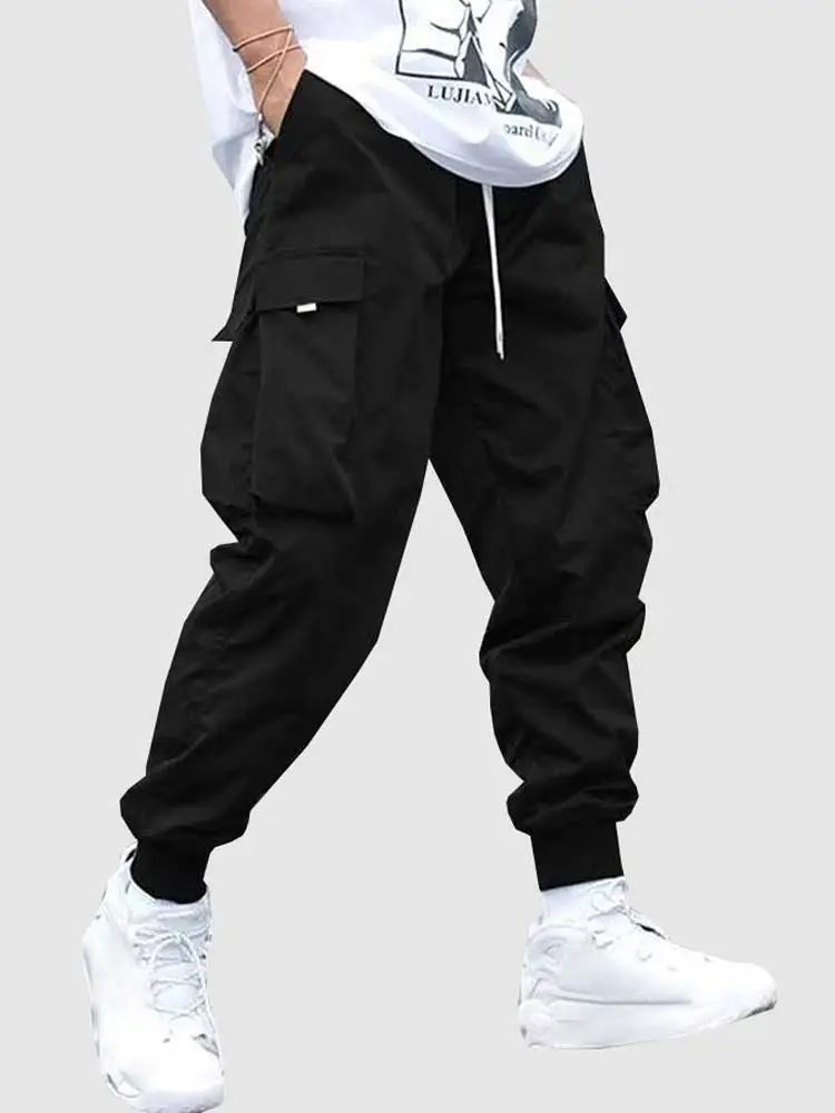 

Men s Cargo Pant Solid Mid-waist Elastic Tooling Trousers Techwear Sweatpants with Flap Pocket Drawstring Beam Feet Pants, Default