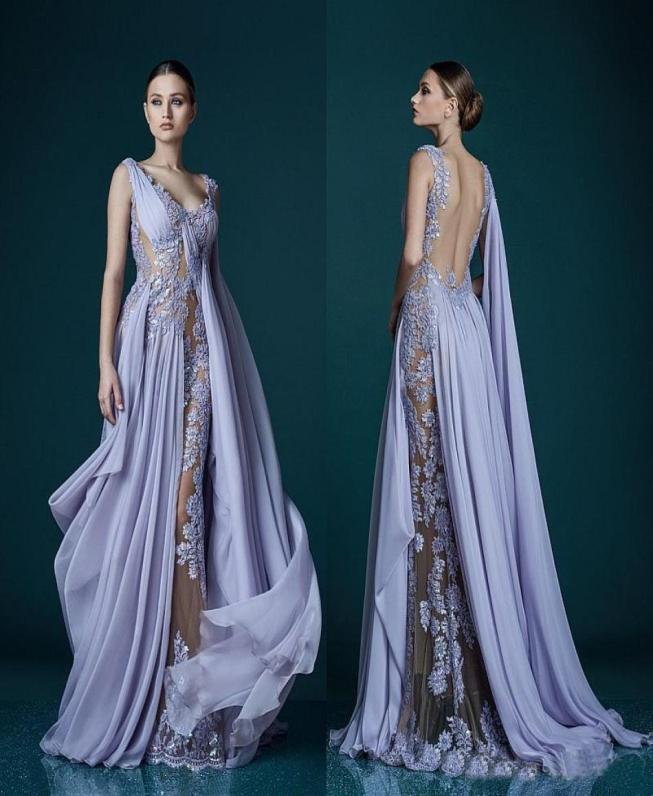 

Deep Vneck Lavender Evening Dresses With Wrap Appliques Sheer Backless Celebrity Dress Evening Gowns 2019 Stunning Chiffon Long P9056748