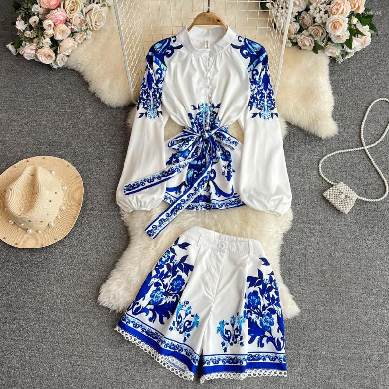 

Women's Tracksuits Fashion Set Temperament Lantern Sleeve Printed Single Breasted Shirt Two Piece High Waist Wide Leg Shorts, Blue
