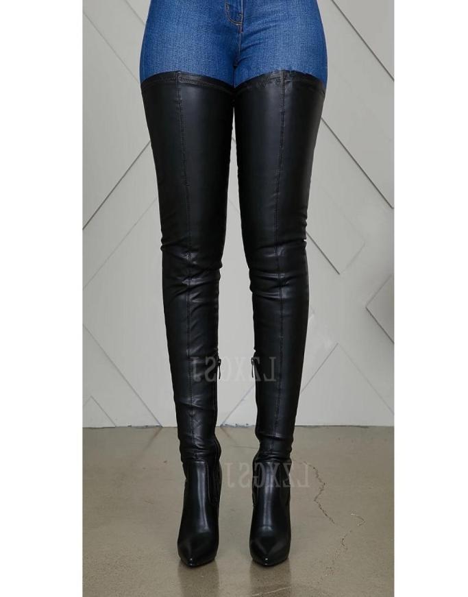 

Women Thigh High Boots Pu Leather Black High Heels Ladies Shoes Pointed Toe Stiletto Waterproof Over The Knee Long Boots6915638
