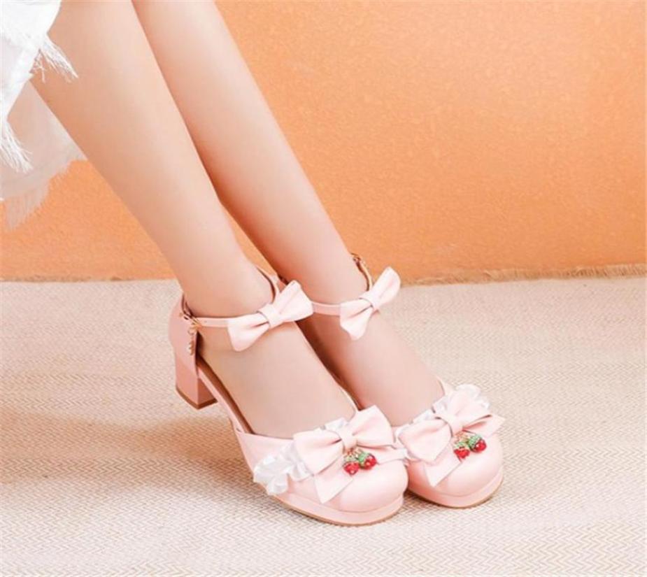 

Large Size 3448 Bow Knot Strawberry Ruffles Princess Cosplay Costume Shoes Women Med Heels JK LO Lolita Sandals Girls4533852, Black