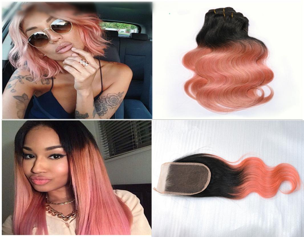 

New Arrival Dark Root Rose Gold Body Wave Ombre Human Hair With Closure 1B Rose Gold Hair Weft With Closure 4x4 4PcsLot8100637, Ombre color