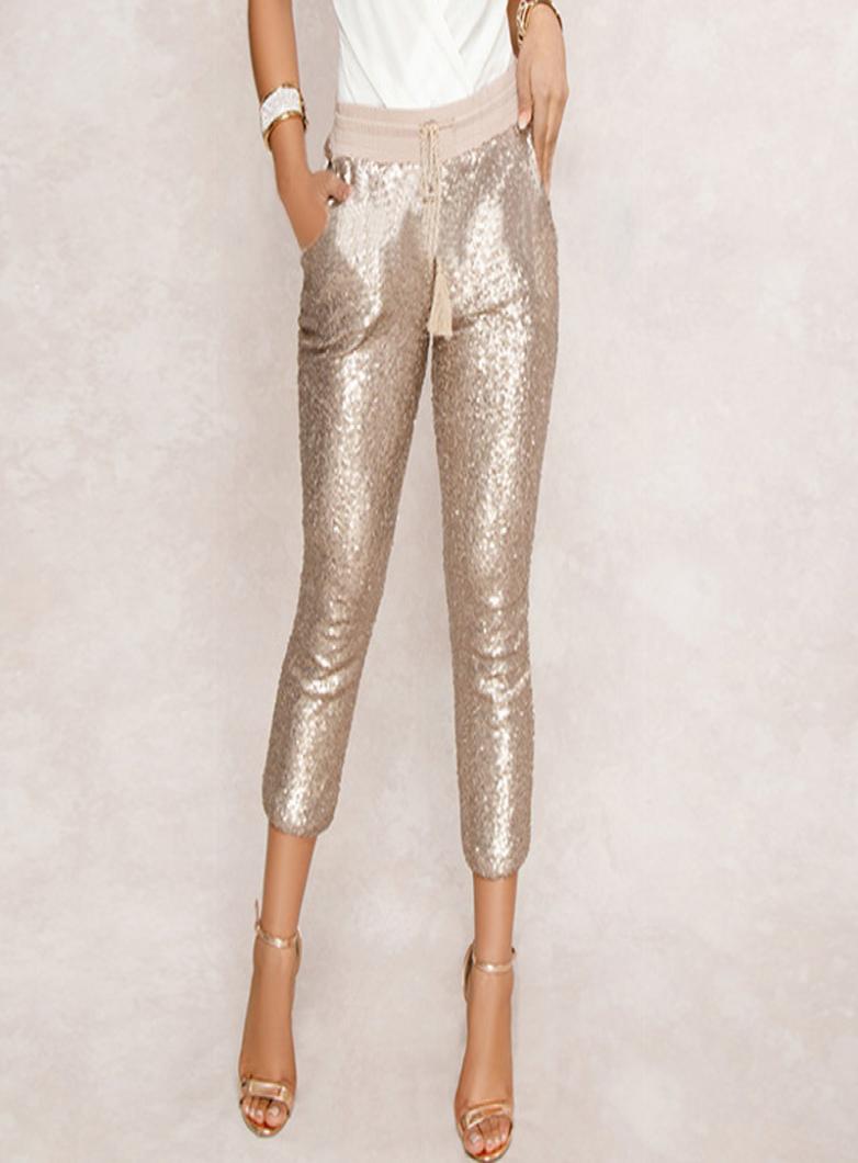 

Fashion Sequin Pencil Pants 2019 New Solid BlackGold Women Drawstring Waist Bling Party Nightclub Calflength Trousers3676446, Purple