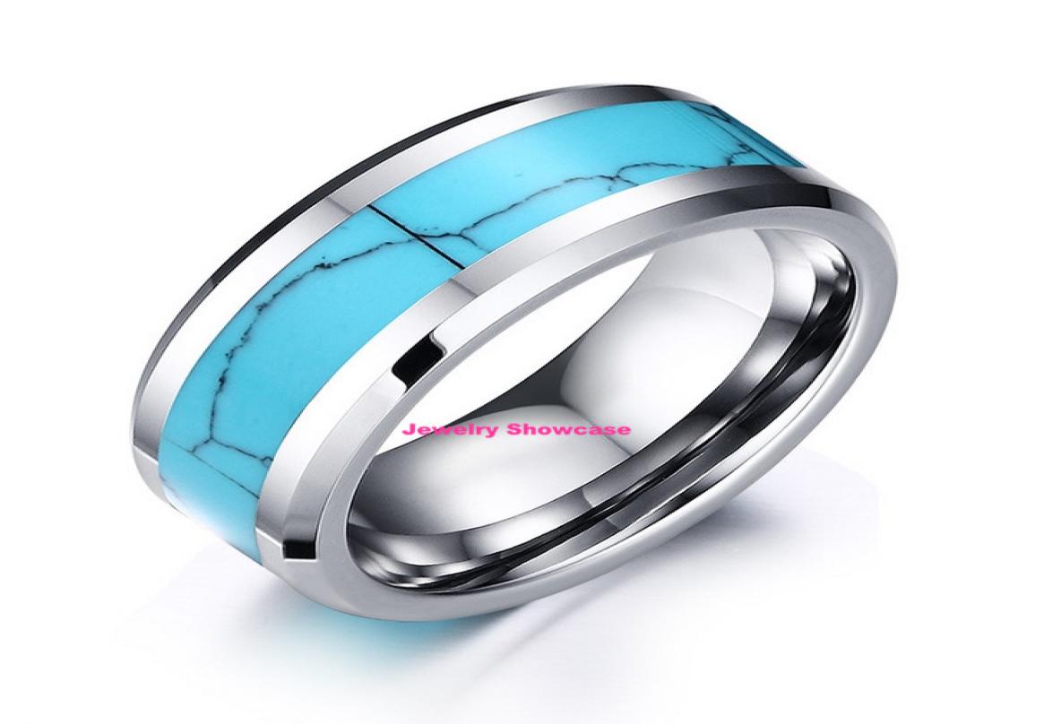 

8mm Tungsten Steel Men039s Ring Blue Turquoise Inlay Polish Beveled Band US Size 7122417073