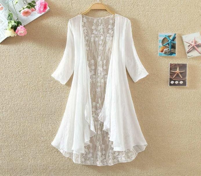 

Women Chiffon Tunic Kimono Cardigan Lace Long Shirt Ruffles Hollow Out Loose Ladies Cardigans Spring Summer Shirts Female Y2004027786481, Black