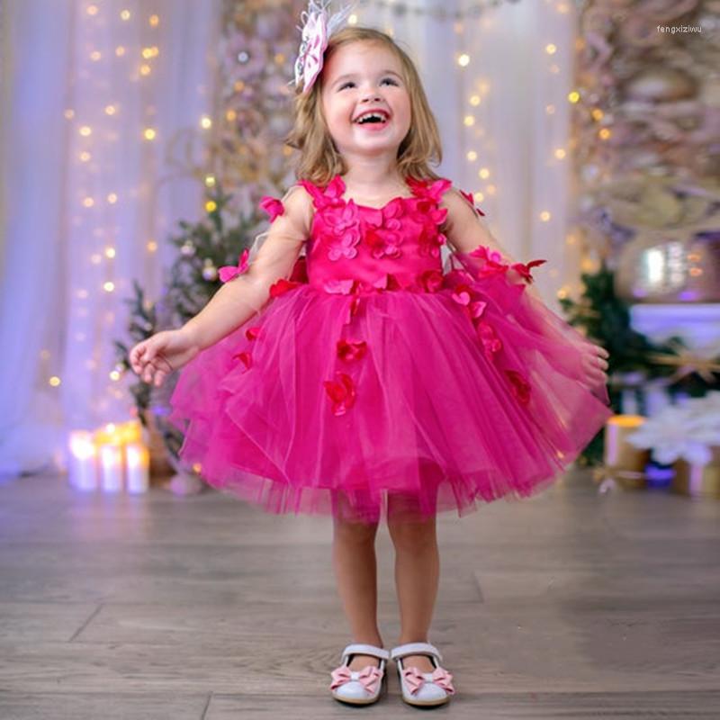 

Girl Dresses Fuchsia Tulle 3D Appliques Girls Party Wear Children Dress Long Sleeve Flower Kids Birthday Gown With Bow, Blue