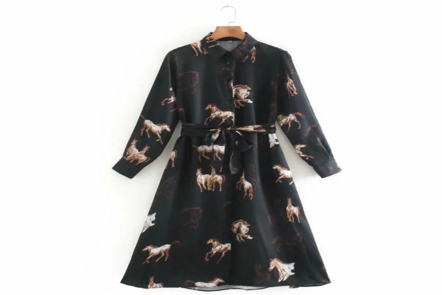 

Autumn Women Horse Print Sashes Turndown Collar Shirt Dress Female Long Sleeve Clothes Casual Lady Slim Vestido D6793 2103022881734, Pink