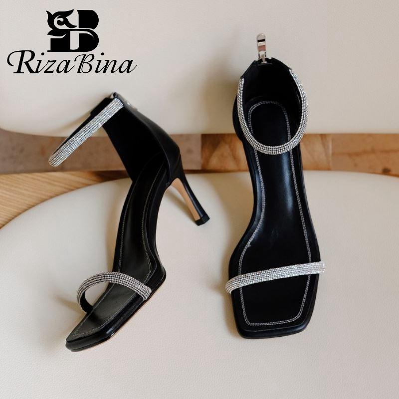 

Sandals RIZABINA Women Genuine Leather Shoes For Thin High Heels Zipper Rhinestone Sexy Ladies Footwear Size 34-39, White