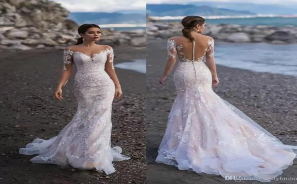

2022 Beach Lace Long Sleeves Mermaid Wedding Dresses Appliqued Sweep Train Plus Size Wedding Dress Bridal Gowns vestido de novia B9707977, Champagne