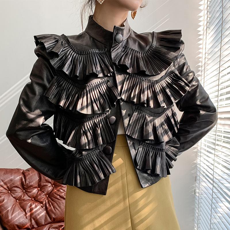 

Women' Leather 2023 Fashion Ruffle Real Sheepskin Jackets Women Spring Autumn Korean Simple Short Coat Female Cuero Genuino Zjt1987, Black