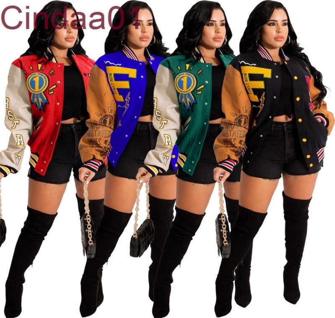 

Fall Winter Womens Baseball Clip Jacket Cartoon Printed Color Blocking Button Buckle Warm Coat2205773, Black