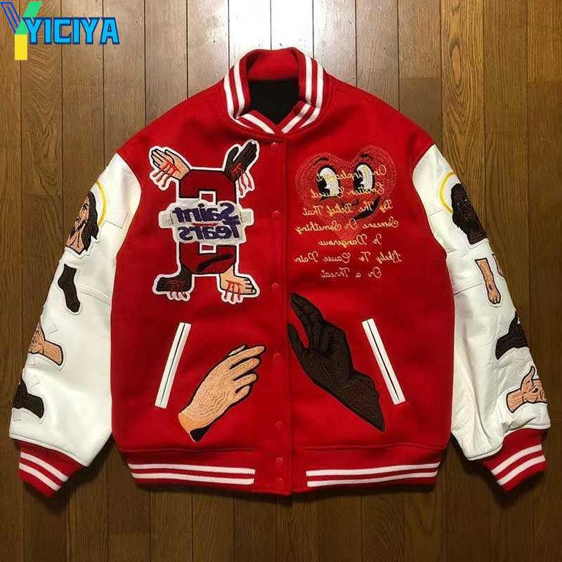 

YICIYA Men Designer Jacket Jesus Embroidery Saint Baseball Streetwear Patchwork Letter Asap Rocky Harajuku College Varsity Bomber Coat Couples Letter, Red