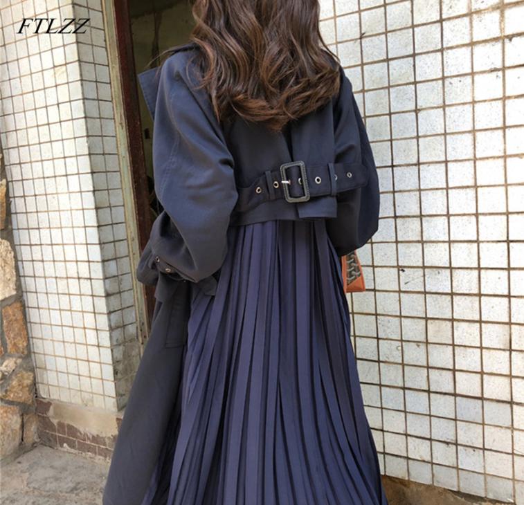 

FTLZZ Women039s Trench Coat Long Spring Coats Female 2019 Fashion Pleated Chiffon Splice Thin Outwear Loose Trench Coat For Wom6376271, Blue