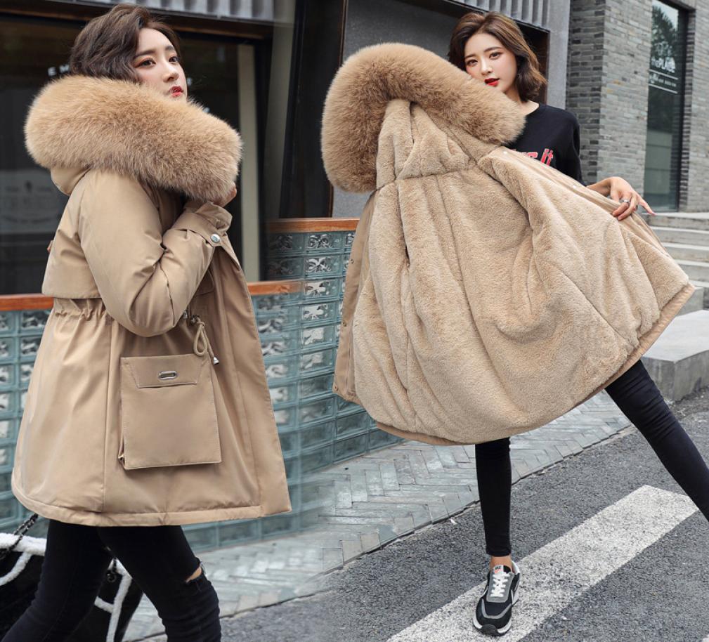 

Ladies Velvet Liner Thicken Hooded Parka Women Slim With Big Fur Collar Outerwear Autumn Winter Jacket Women Coat Parkas Female 208534373, Black