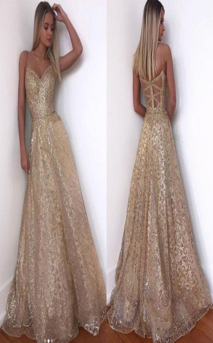 

Gold Evening Dress Long Sparkle 2022 New VNeck Women Elegant Straps Sequin Aline Maxi Prom Party Gown Dress abendkleider8378068