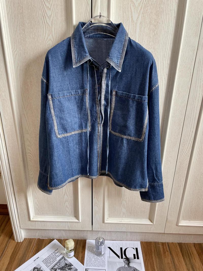 

Women' Blouses 2023 Women Fashion Long Sleeves Sexy Casual Chest Double Large Pockets Strap Half Open Denim Blouse 0406