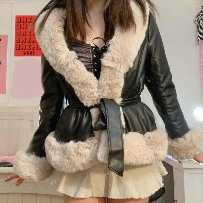 

Women' Jackets Faux Fur Jacket Thicken Luxury Tie Belt Large Fur-Collar PU Leather Short Women Keep Warm Plush Cardigan Chaqueta Veste, Beige