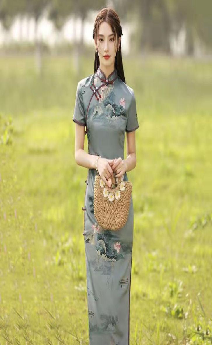 

Ethnic Clothing 2022 High Fashion Green Rayon Cheongsam Chinese Classic Women039s Qipao Elegant Short Sleeve Novelty Long Dress3222869