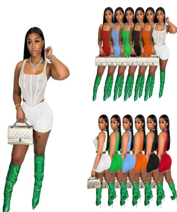 

Casual Desinger Women Tracksuits Two Piece Set Sleeveless Mesh Vest And Shorts Outfits7673191, Green