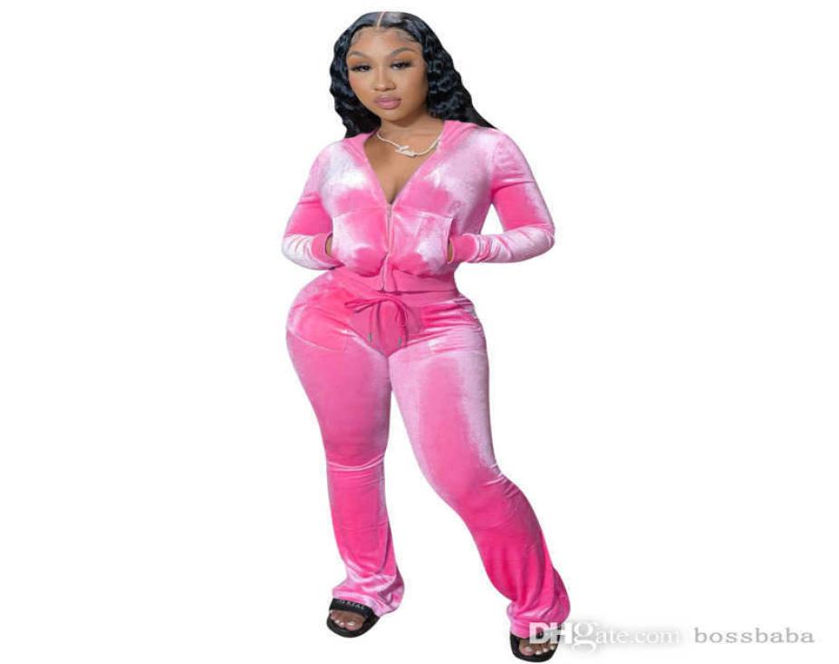 

Women Velour Tracksuits Hoodie Sport Two Piece Outfits Pink Velvet Sweatsuits Zipper Pocket Long Sleeve Jacket Bell Wid Leg Pant S3055096