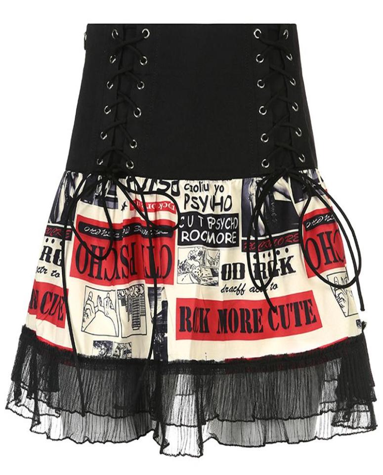 

Skirts Punk Harajuku Low Waist Rock Skirt Lace Up Front Women Sexy Black Print Patchwork Chiffon Mini Clubwear SP1821Skirts8655072, Beige