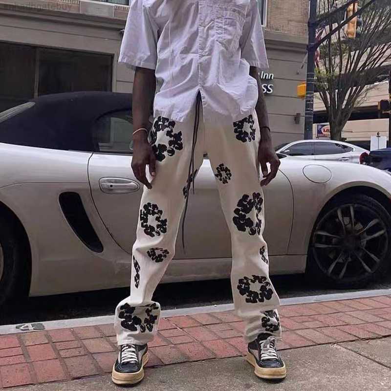 

Men's Jeans High Street Denim Tears Style Kapok Washed Straight Jeans Men's Fashion Vintage Loose Pants EW74, Light blue