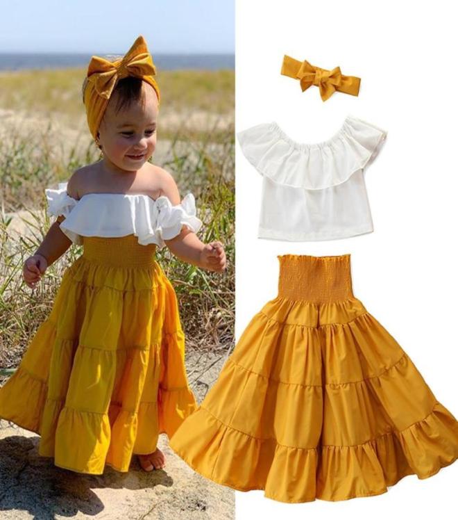 

Summer Baby Kids Girl Top Quality Outfits Off Shoulder Solid Color Ruffle Tank Top Long Flare Dress 3Pcs Set Fashion New Clothes9468329, Khaki