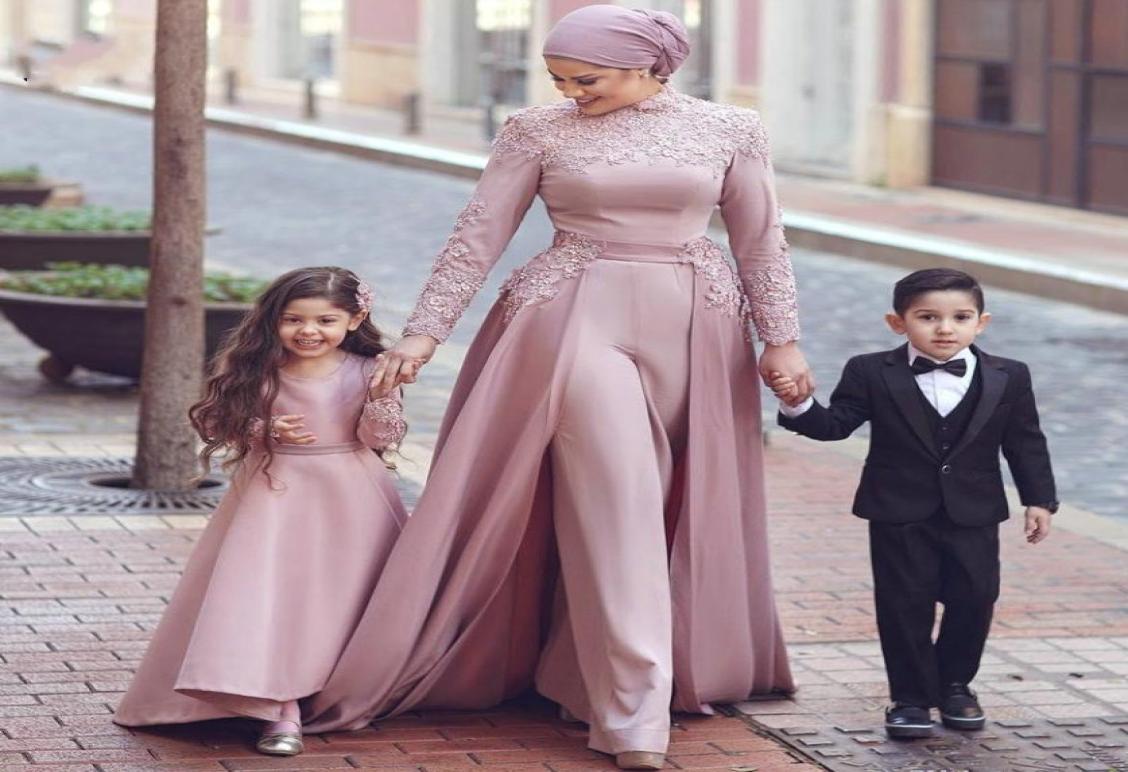 

High Neck Arabic Muslim Jumpsuit Evening Dresses Long Sleeves Appliques Kaftan Formal Evening Party Dresses floor legnth Vestidos 7302836, Pink