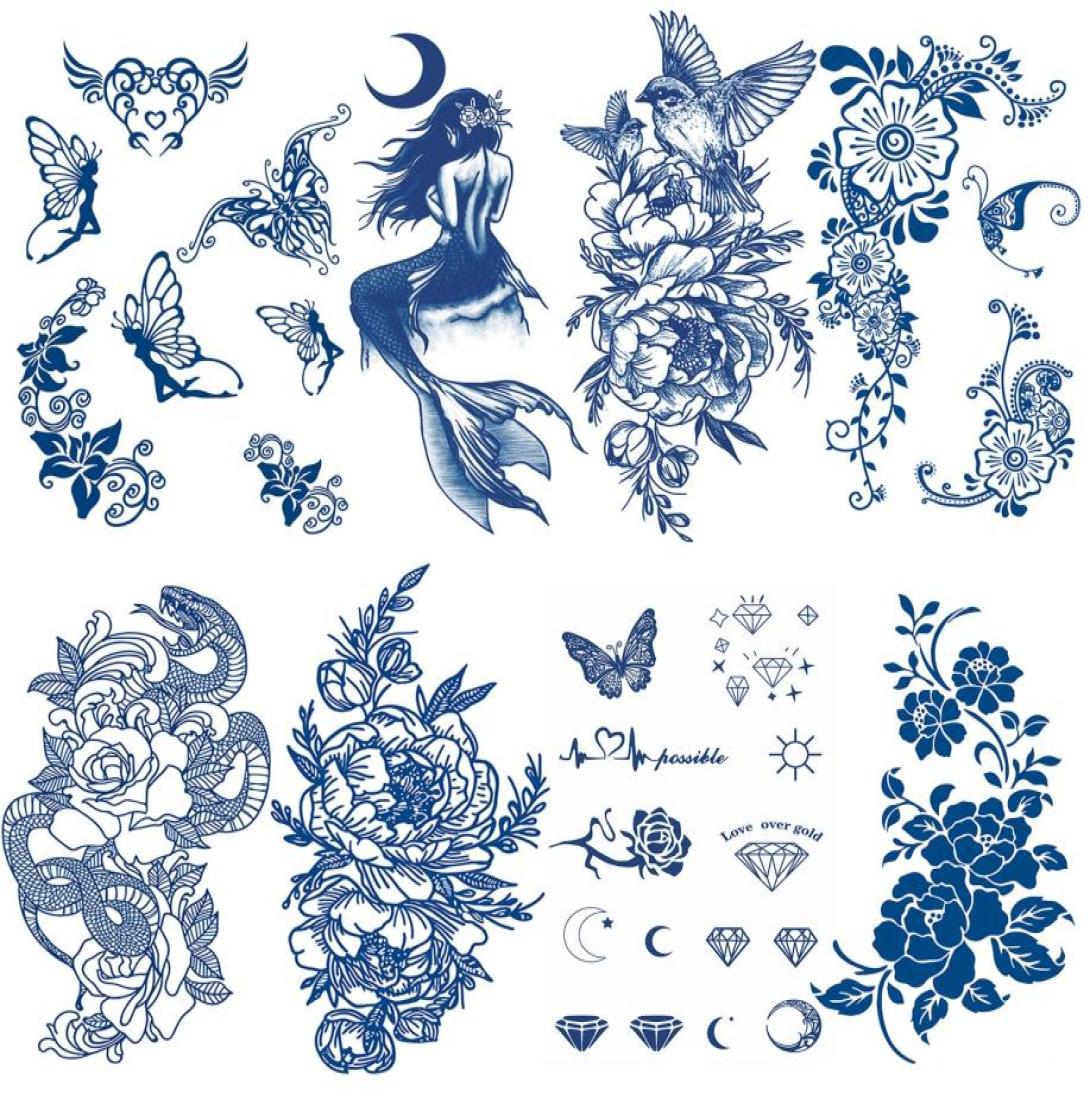 

Temporary Tattoos Tattoo For Women Semipermanent Waterproof Longlasting 2 Weeks Dark Blue Realistic Flower Fake Drop Deliv Topscis2905547