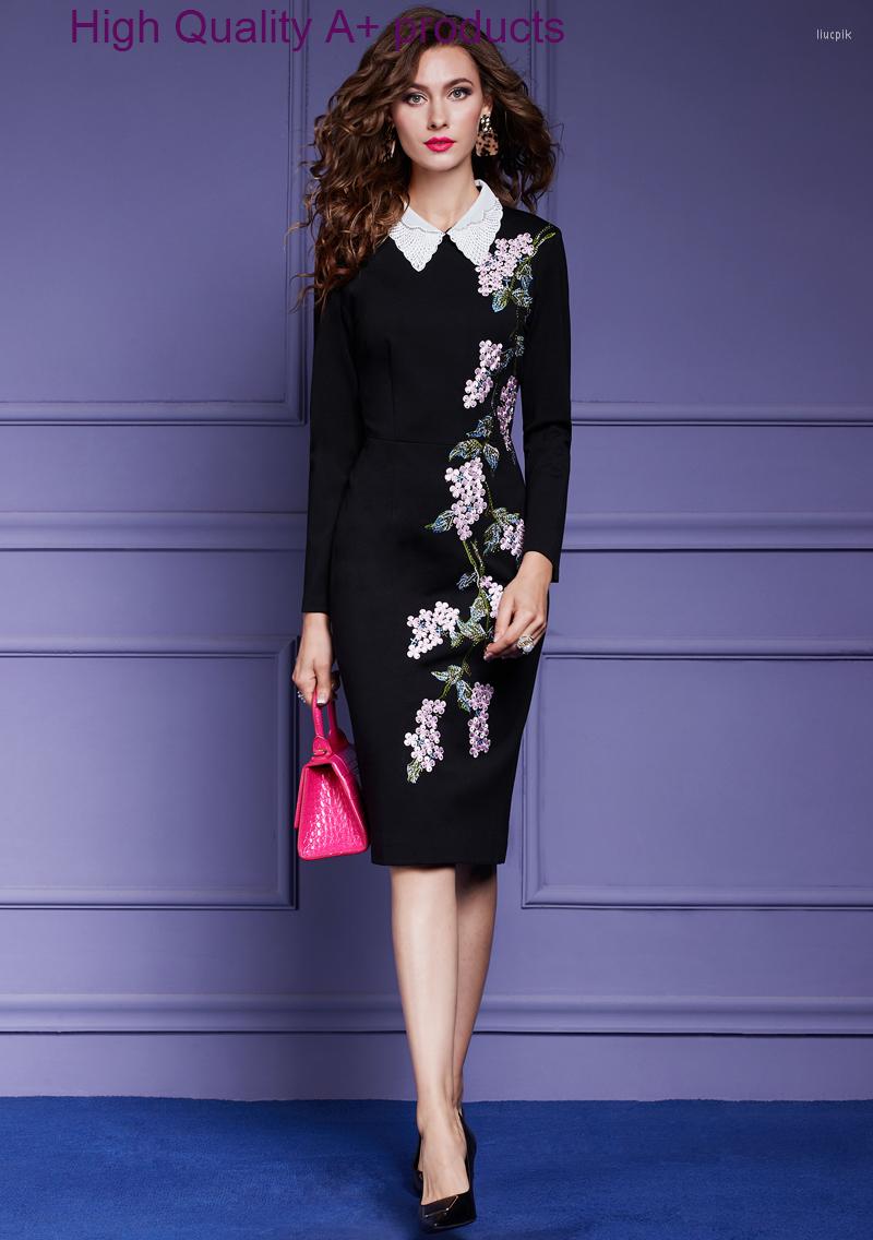 

Casual Dresses Runway Fashion Women Floral Embroidery Spring Autumn Long Sleeve Vestidos Elegant Office Lady Work Wear Vintage Party, Black