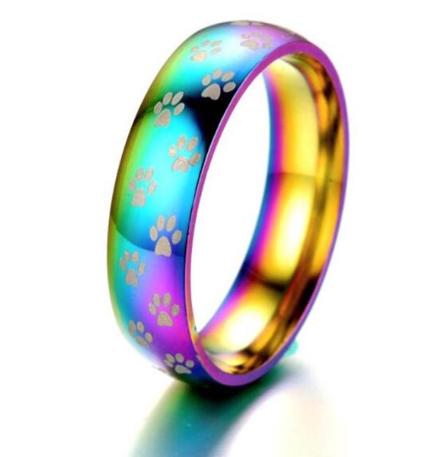 

Colorful Rainbow Small Paw Print Finger Ring for Couple Promise Engagement 6mm Lover039s Wedding Rings Lesbian Gay Jewelry6540731