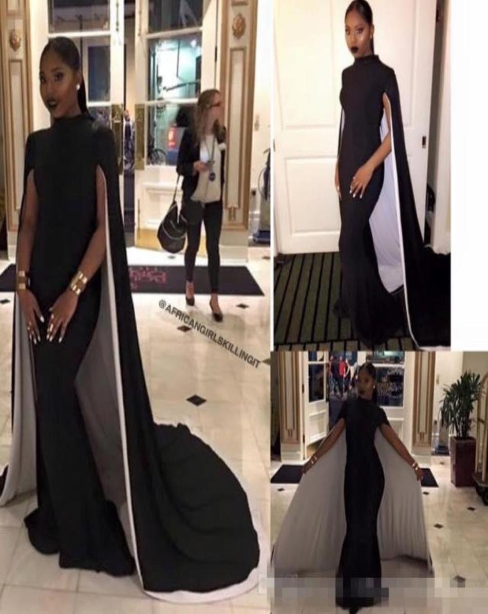 

Modest Black And White Mermaid Evening Dresses With Capes High Neck Sweep Train Vestidos De Fest Formal Prom Party Gowns Custom Ma6413654, Gold