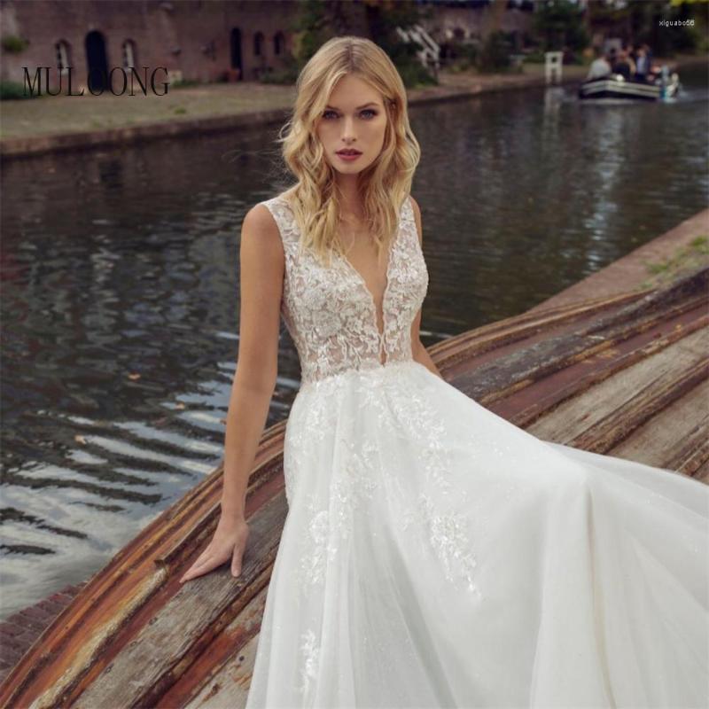

Wedding Dress MULOONG White Deep V Neck Backless Sleeveless Long A Line Lace Appliques Floor Length Gown Vestidos De Novia, Red