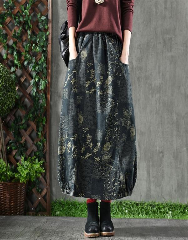 

Fje New Arrival Spring Women Skirt Plus Size High Waist Denim Vintage Print Maxi Skirt Femme 100 Cotton Loose Long Skirt D18 2103805015, Yellow