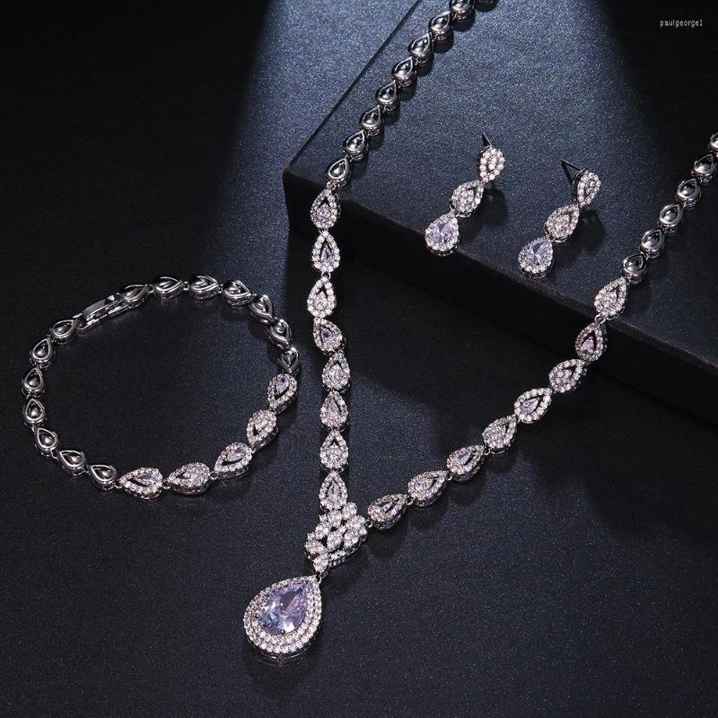 

Necklace Earrings Set JMK Luxury 3pcs Teardrop Bridal Wedding Cubic Zircon Sets For Women Party Noble Statement, Picture shown
