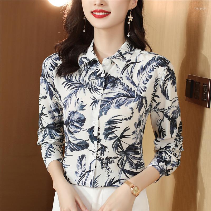 

Women's Blouses High-end Especially Beautiful All Season Mulberry Silk Ink Painting Leaves Print Women Sweet Slim OL Workwear Top Shirt, Hpjr6528